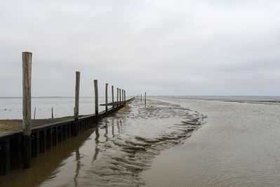 Blick entlang der Pfahlreihe an der Buhne und der Fahrrinne hinaus aufs Meer.